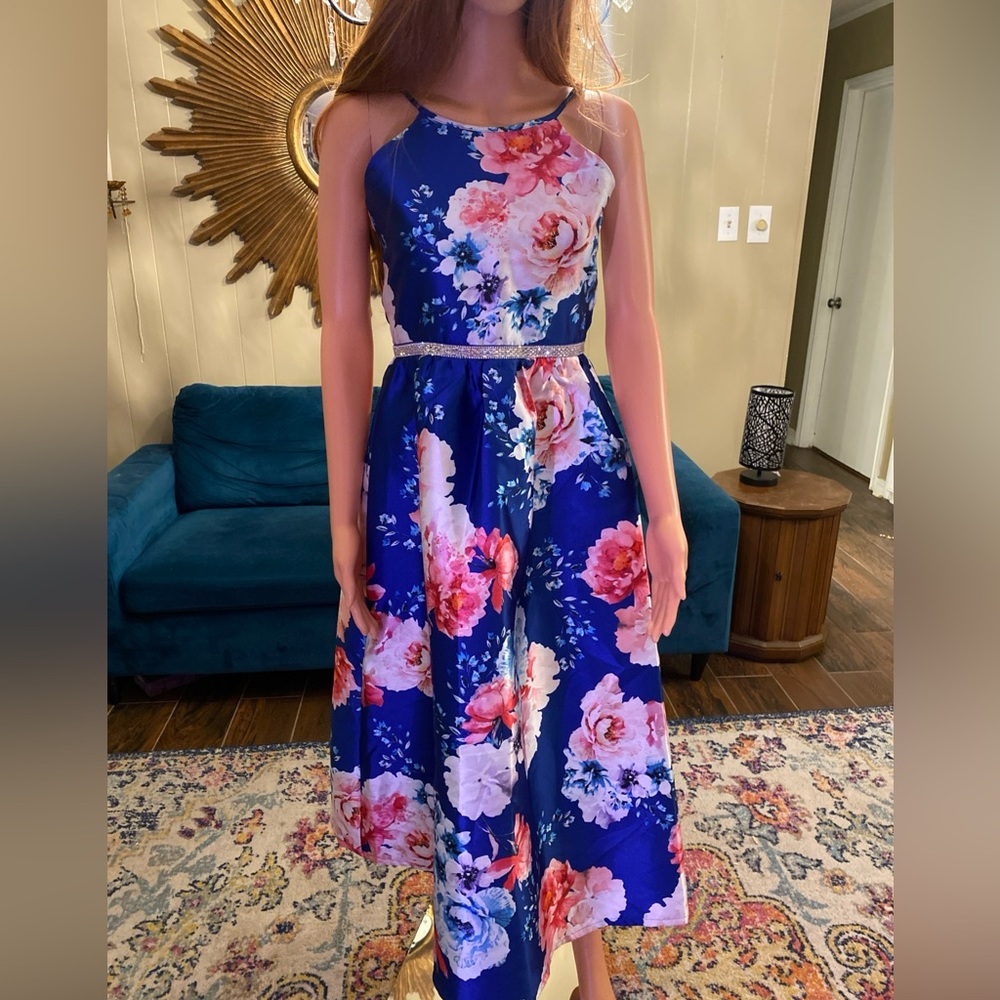 girls party formal tea midi blue floral jeweled taffeta special occasion 16 nwot